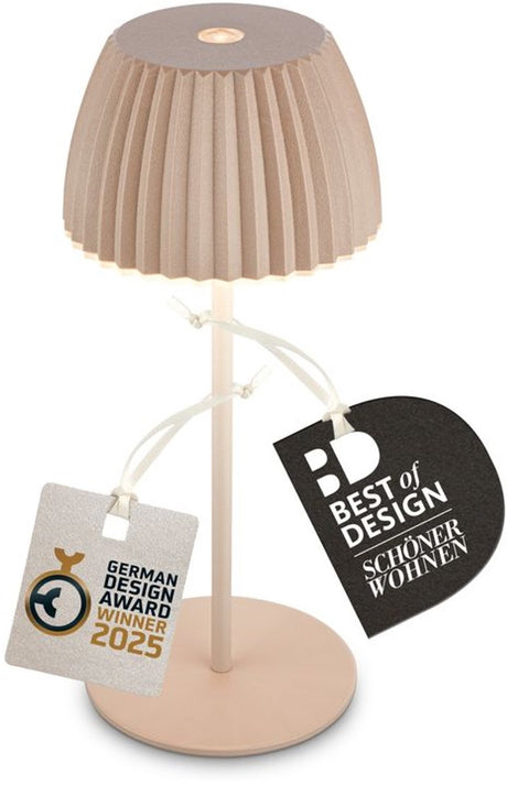 B.k.licht briloner champ mini - oplaadbare mini tafellamp - snoerloze lamp - met touch dimbaar - voor binnen en buiten - german design award winner 2025 - beige - ø8,5 x 20cm