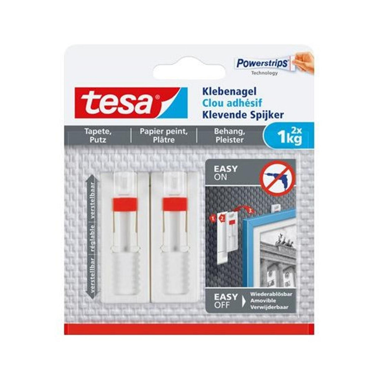 Tesa® verstelbare klevende spijker voor behang pleisterwerk 1kg.2 in blister (per 2 stuks)