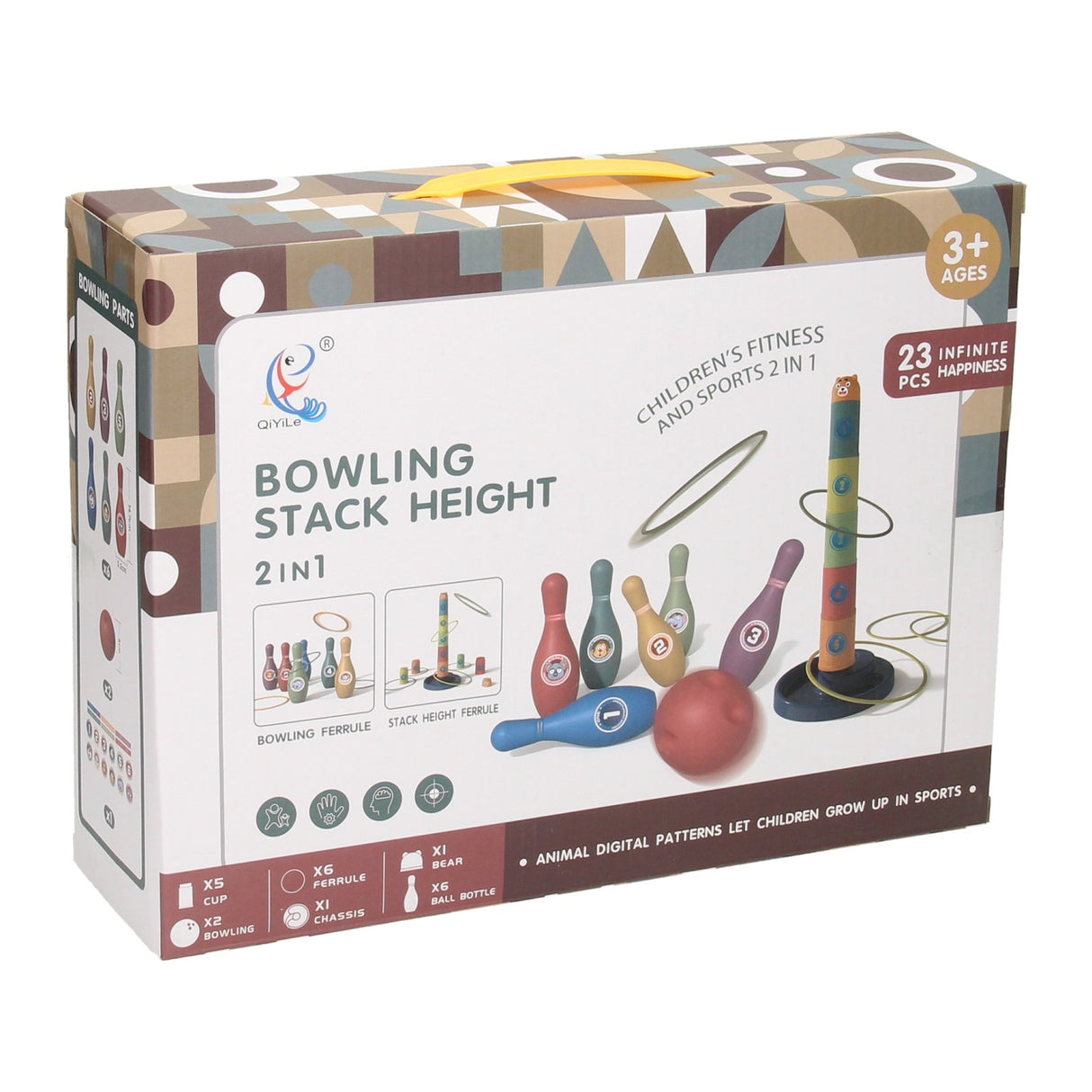 Stacking tower, ring toss and bowling 3 in 1
