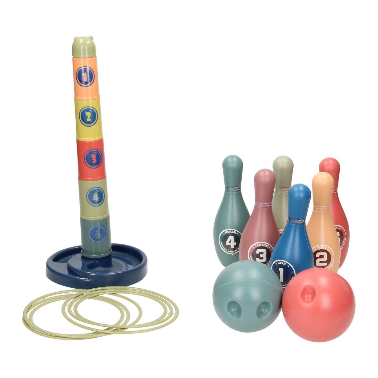 Stack Tower, Ring Throwing and Bowling 3in1