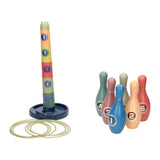 Stacking tower, ring toss and bowling 3 in 1