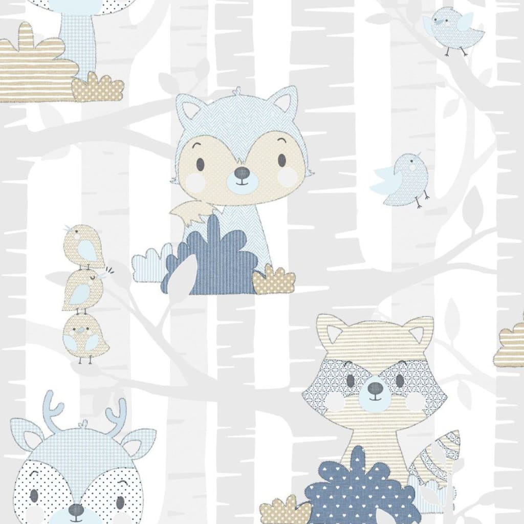 North Wall Noordwand Wallpape Baby Forest Animals Białe i Niebieskie