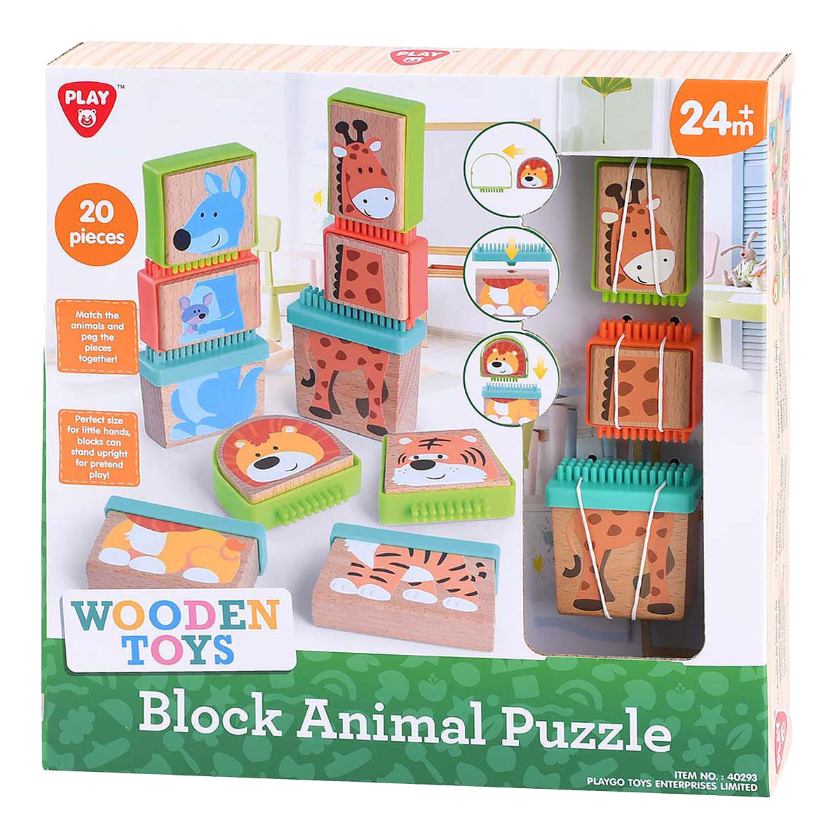 Playgo play wooden block puzzle animals, 20 pieces.