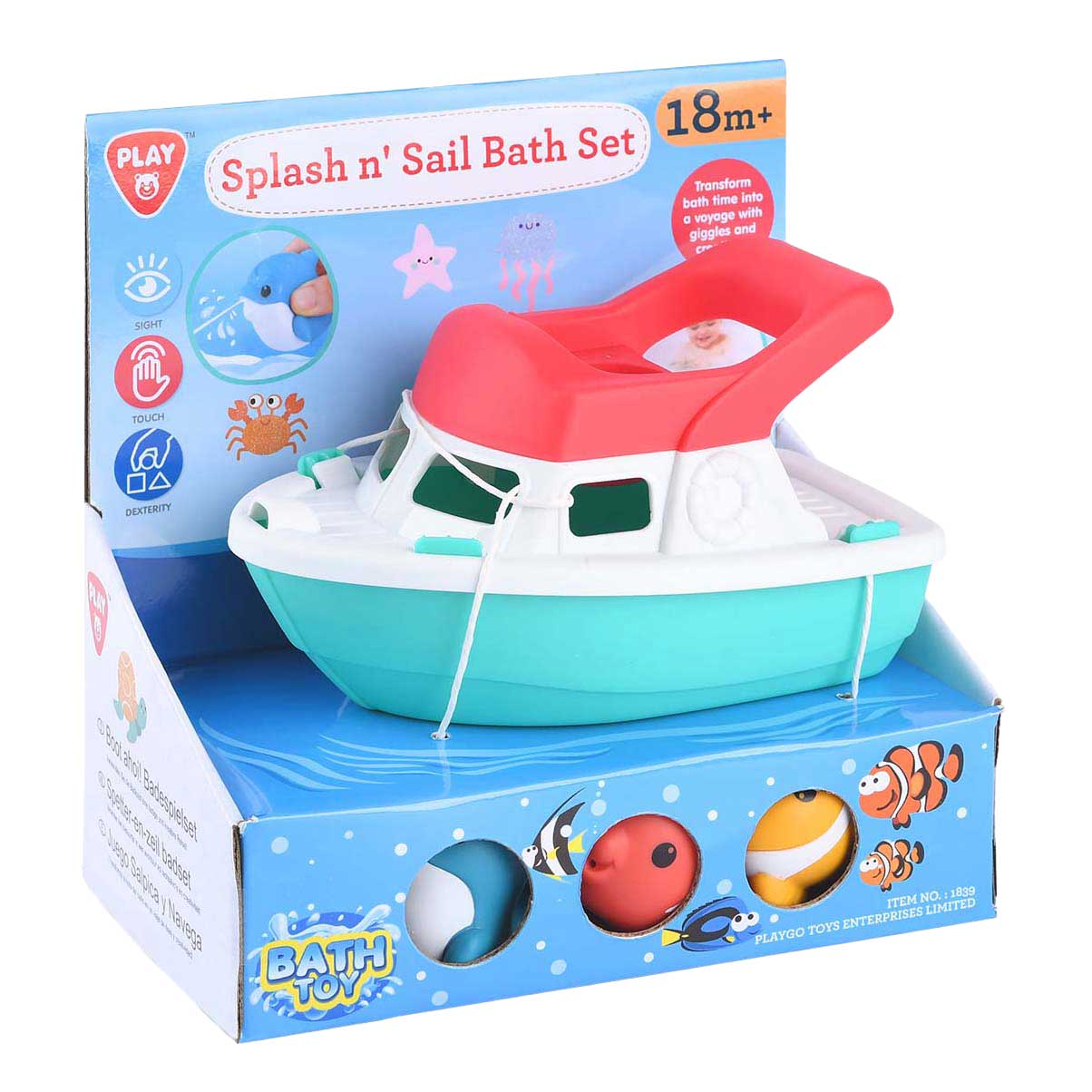 Playgo bath toy boat with syringe figures for sensory play.