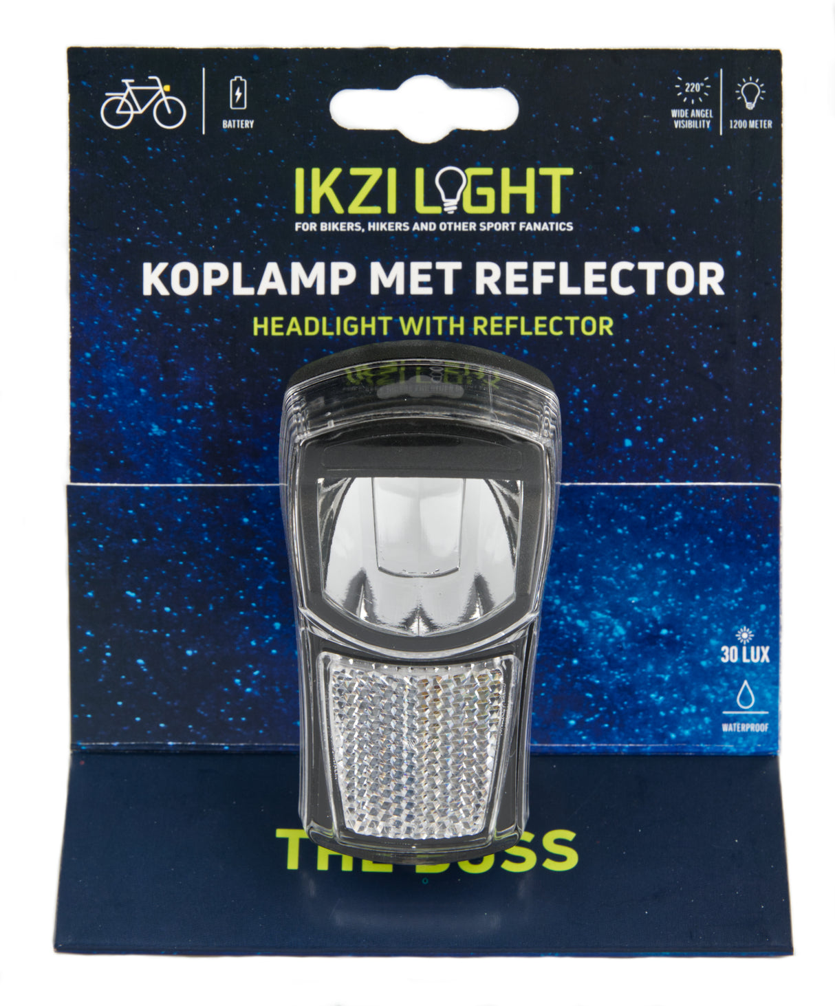 Ikzilight -Scheinwerfer The Boss, 1 weiße LED 20LUX. Einschließlich Klammer und Batterien (Hanging -Paket)