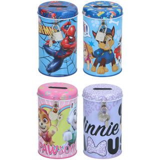 Spaarpot licentie met slot 4 assorti paw patrol, minnie mouse, spider-man | 4 stuks