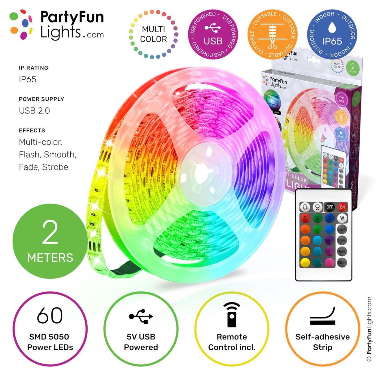 Partyfun lights led strip usb 2 meters ip65