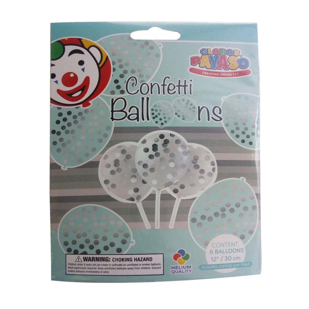 Globos balloons with confetti 6 pieces transparent silver