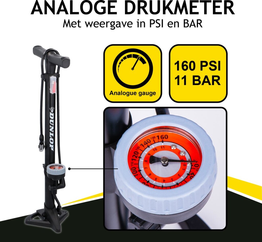 Dunlop Standing bicycle pump version Analog Print meter Double valve head Black