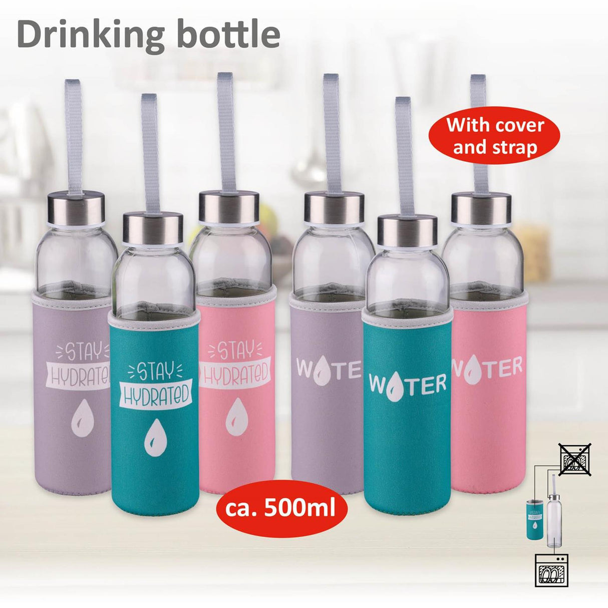 Alpina Drénkfläsch Glas 500ml + Einfach Cover