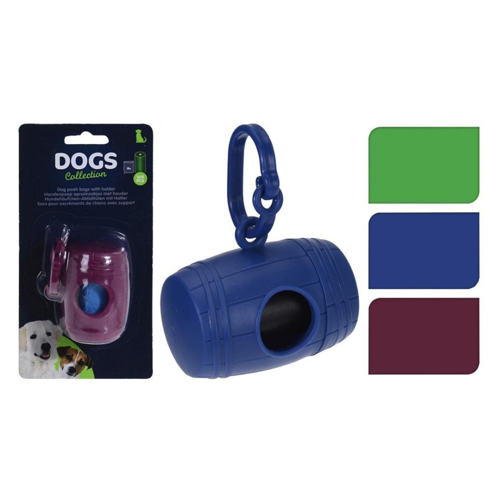 Basic dog bags 15 pieces + holder 8x5 cm assorti