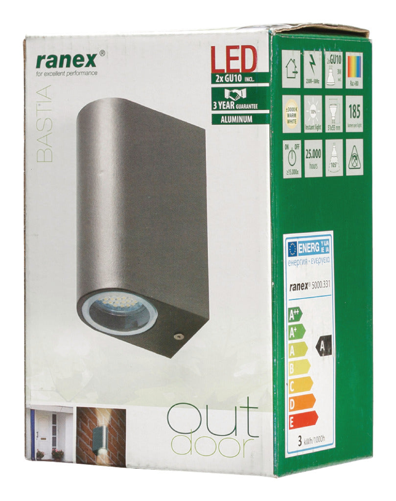 Ranex Ra-5000331 huet Outdoor Wall Lampe aus Edelstol mat zwee Liichtpunkter gemaach