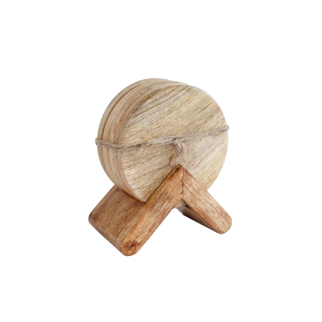 Overige Merken Mango Houten Onderzetters in Houder 10 cm 6 Stuks