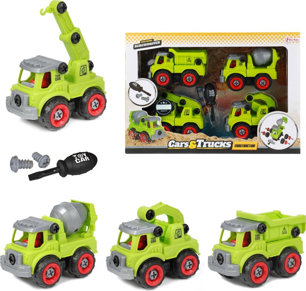 Cars trucks building vehicles with screwdriver