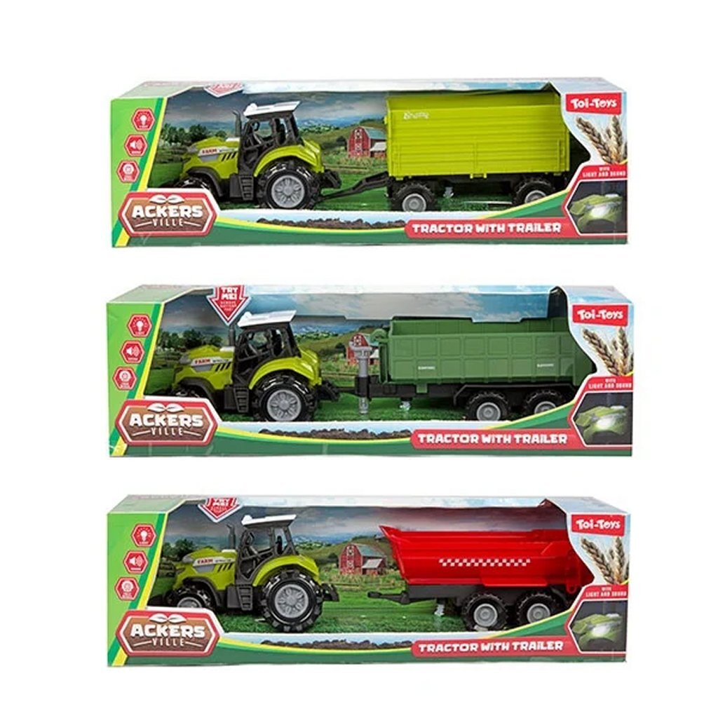 TOI-TOYS Ackers Ville-traktor med trailer + lys og lyd assorti