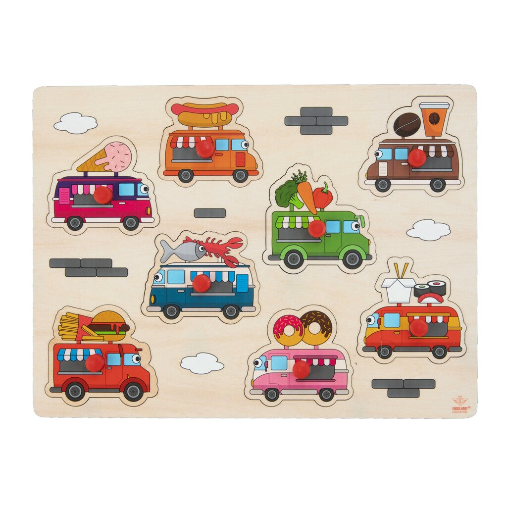 Engelhart Wooden Buttons Puzzle Food Trucks 8 kusů