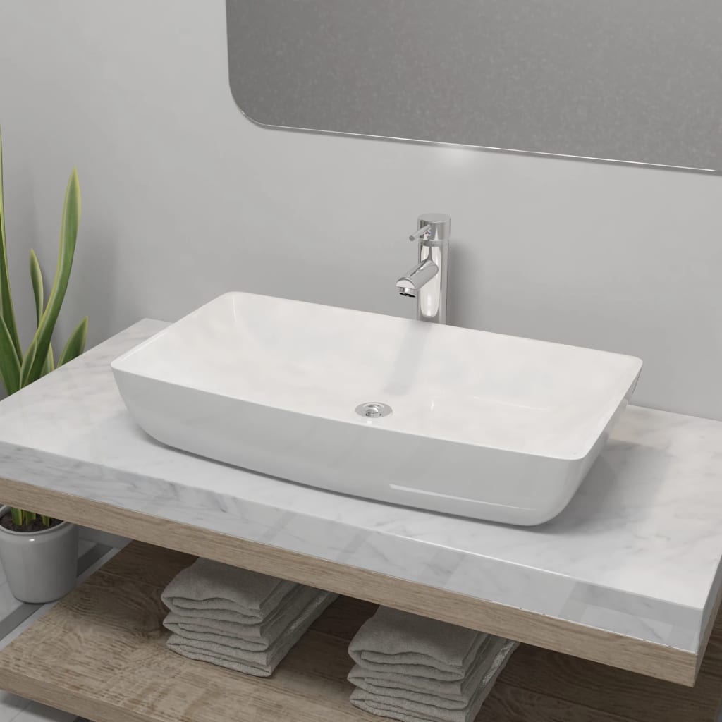 Washbasin de baño Vidaxl con batidora de cerámica rectangular blanca