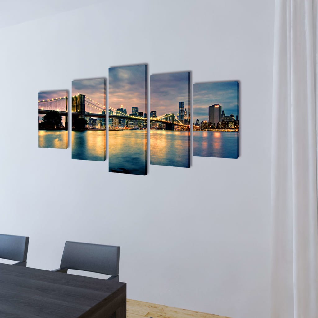 VidaXL Canvas muurdruk set Brooklyn Bridge rivier uitzicht 200 x 100 cm