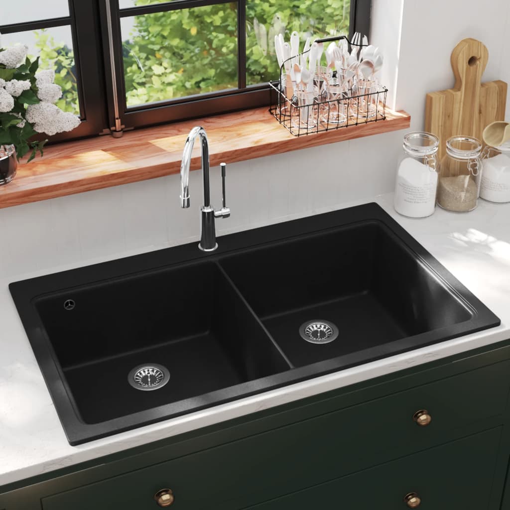 Vidaxl Sink Structure Granite Double Bowl Black