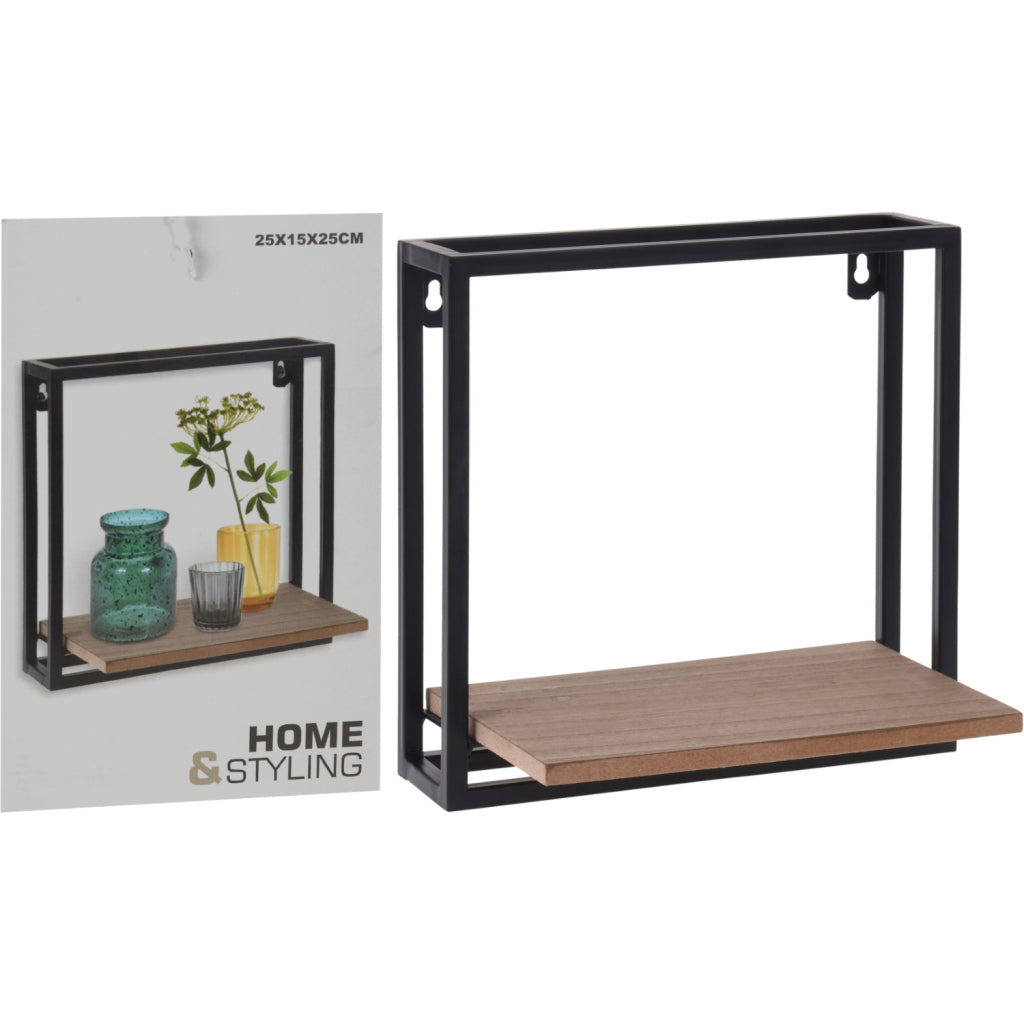 Basic Home Styling Metall Suspension Rack mit Holzbrett 25x15x25 cm schwarzbraun