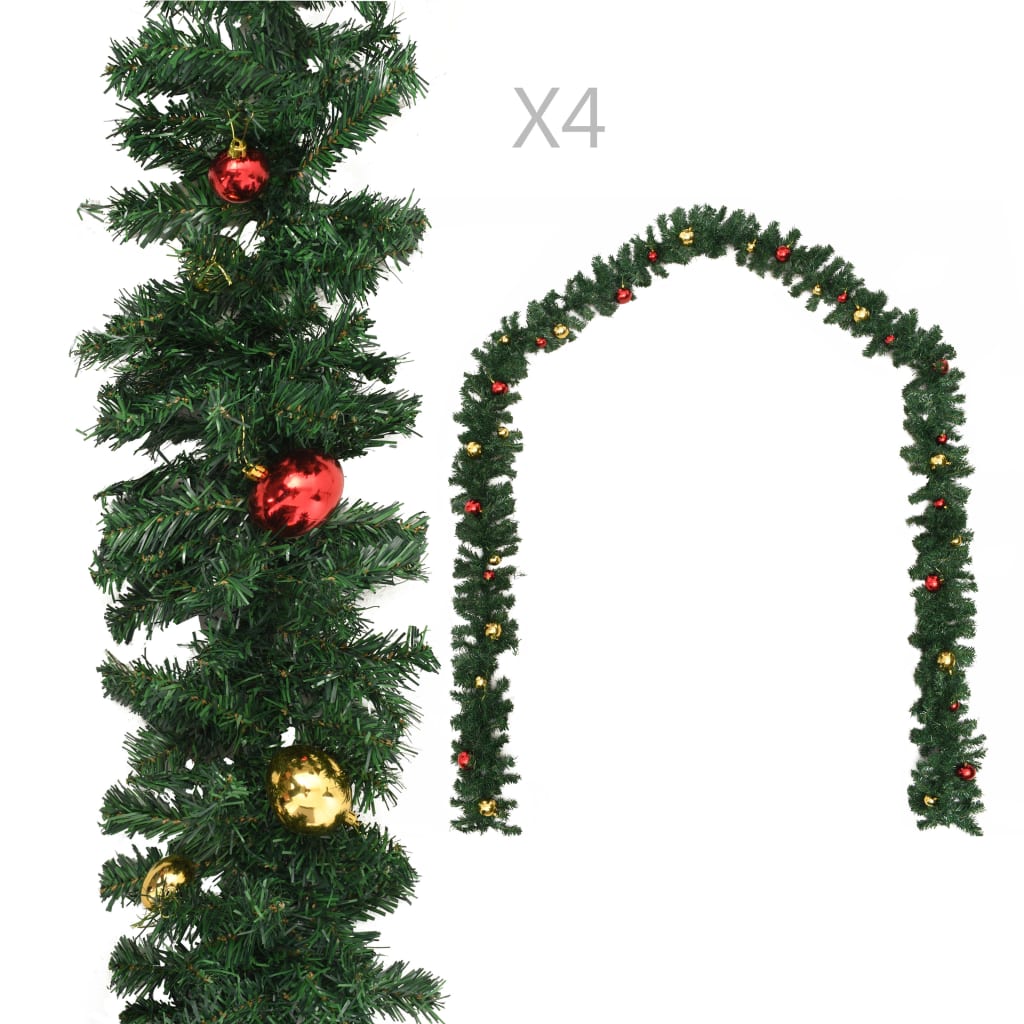 Vidaxl Božične Garlands 4 sts z božičnimi kroglicami 270 cm PVC zelena