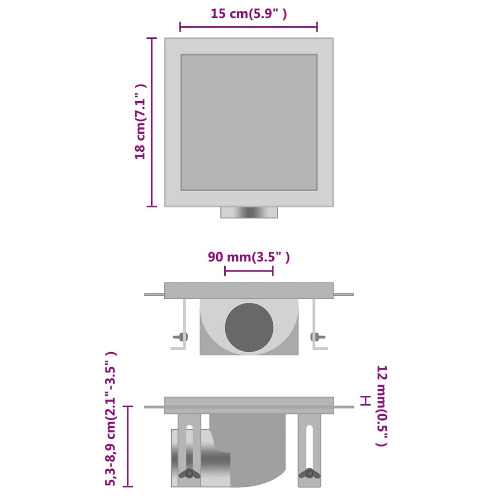 Vidaxl Display doccia con coperchi da 2 in 1 in acciaio inossidabile 18x18 cm