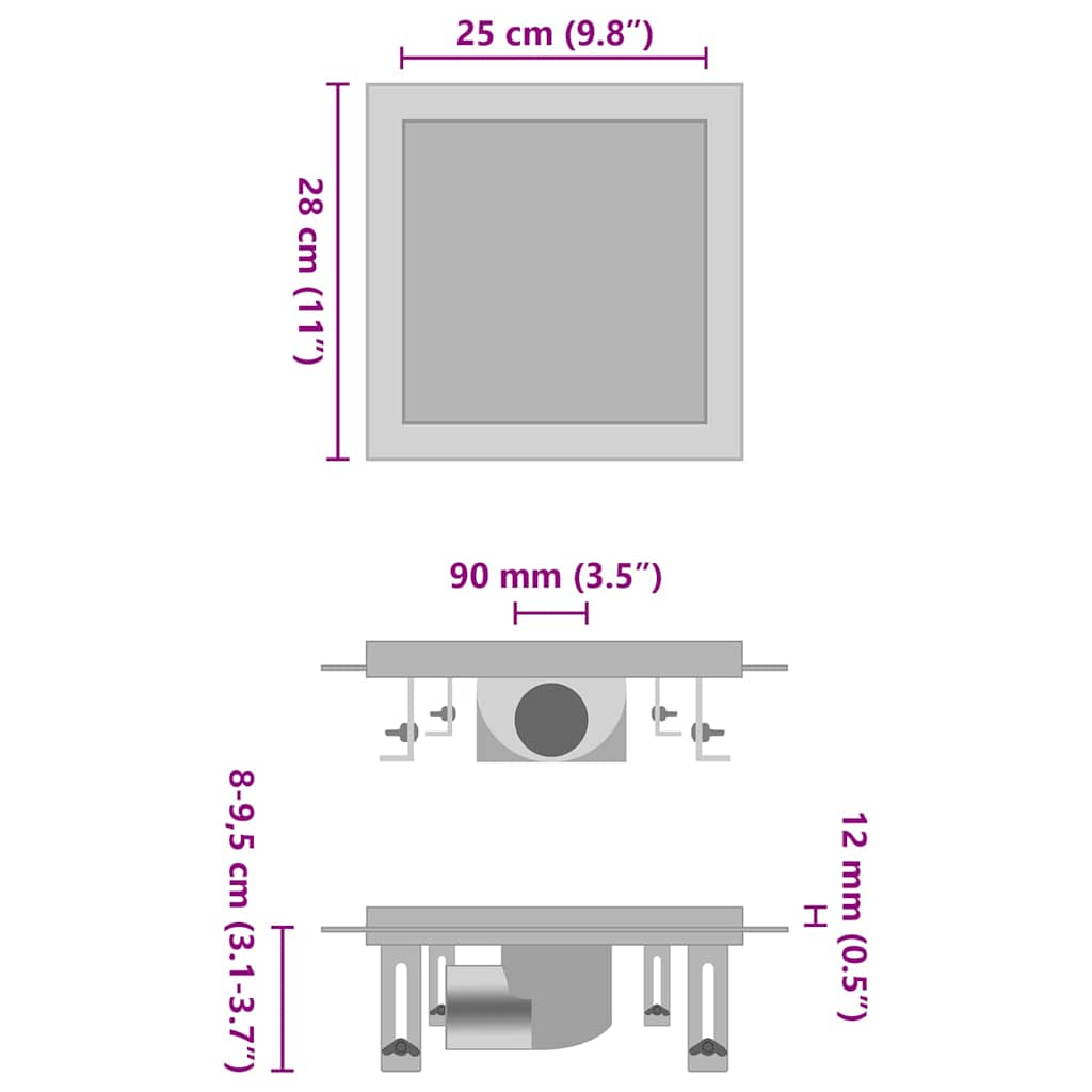 Vidaxl Doudeur de douche avec couvercles 2 en 1 28x28 cm en acier inoxydable