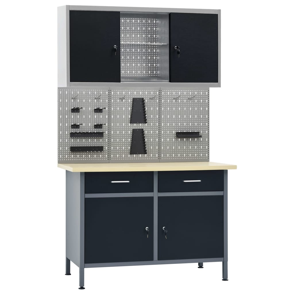 Vidaxl Workbench mit drei Wandpaneele und einem Schrank