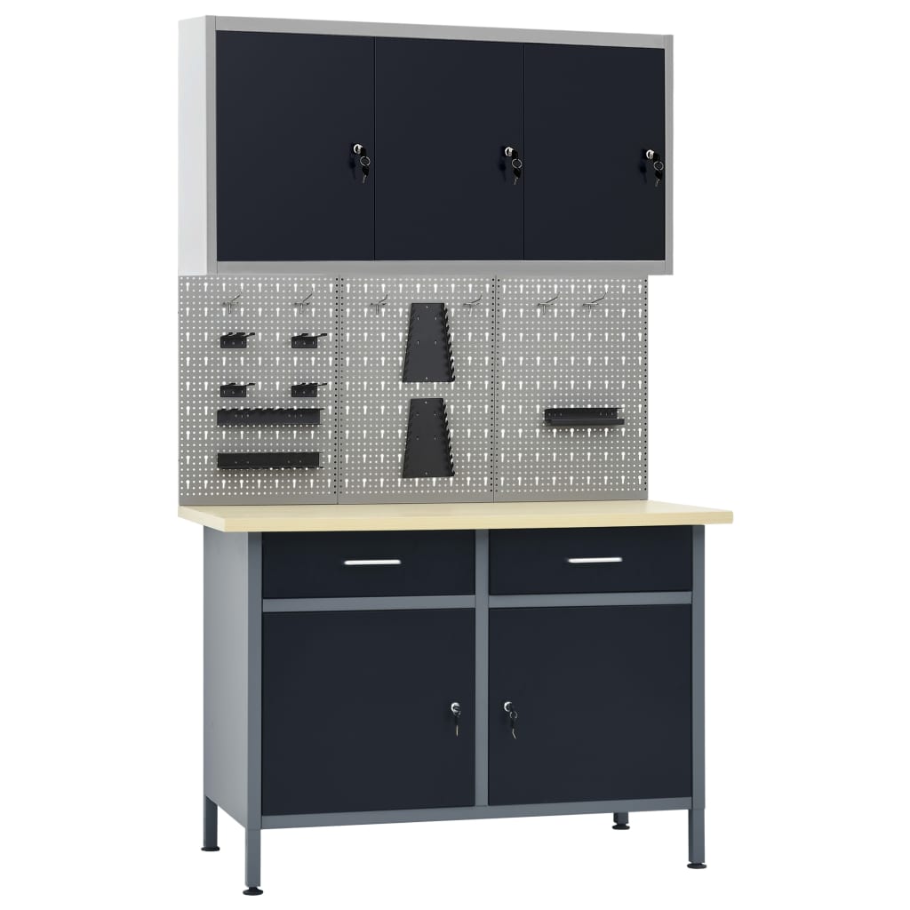 Vidaxl Workbench with three wall panels and a cupboard