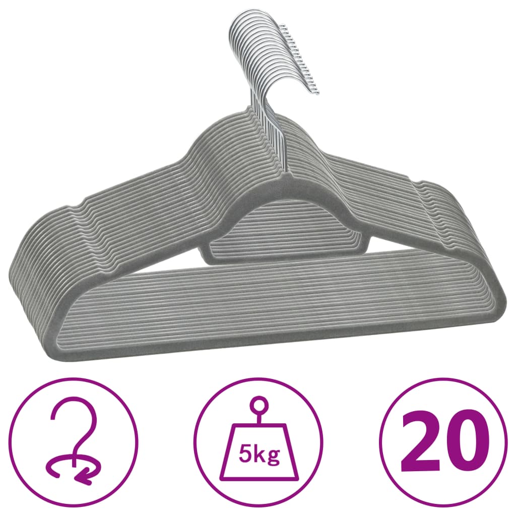 Vidaxl de 20 piezas colgador de ropa Anti-slip terciopelo gris