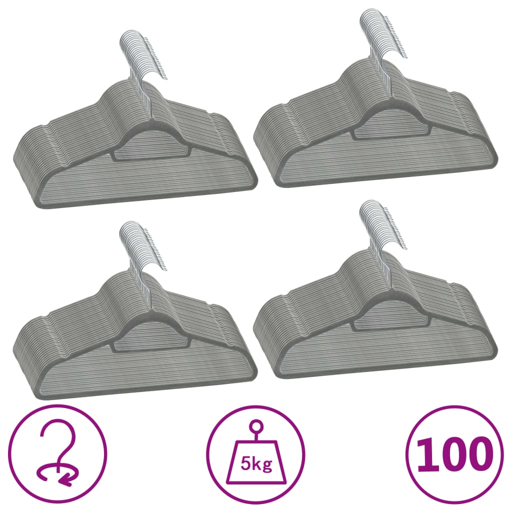 Vidaxl de 100 piezas colgador de ropa antideslizante de terciopelo gris