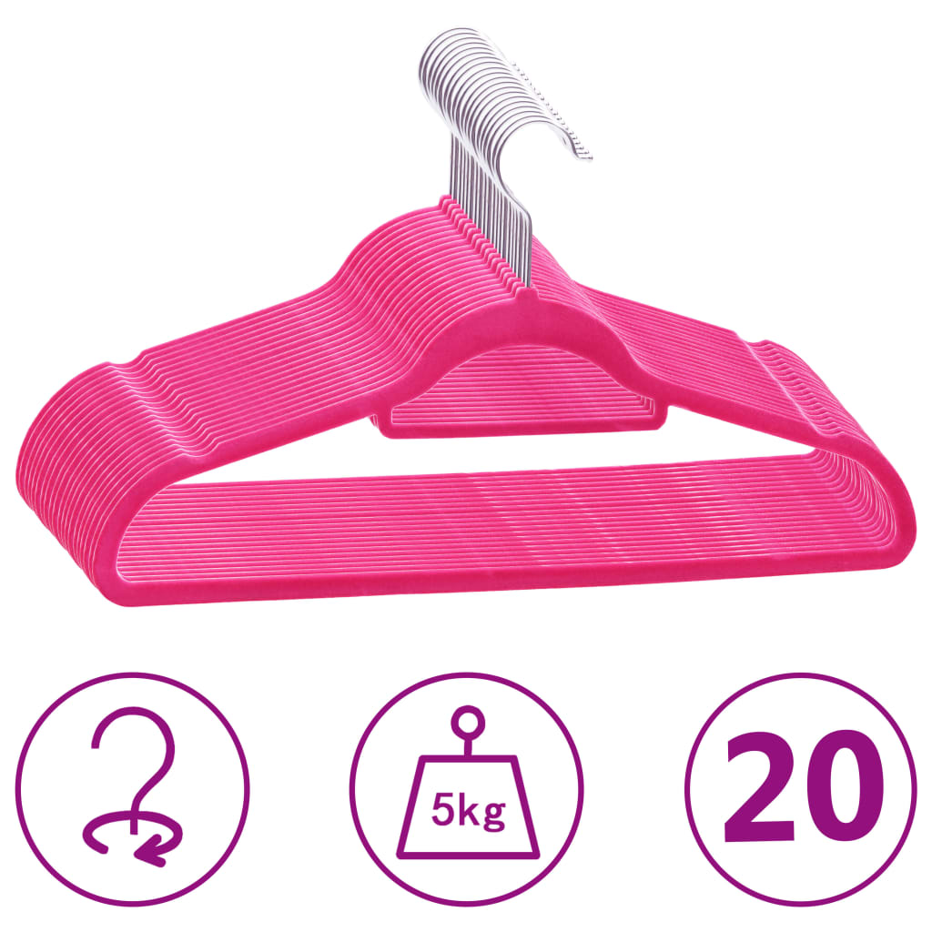 Vidaxl Conjunto de percha de ropa de 20 piezas Anti-Slip Velvet Pink