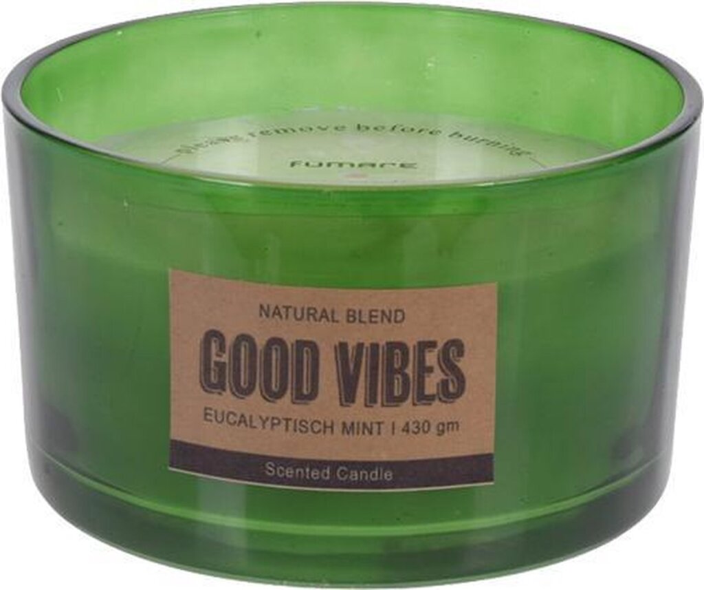 H S Geurkaars in glas eucalyptus mint met tekst Good Vibes