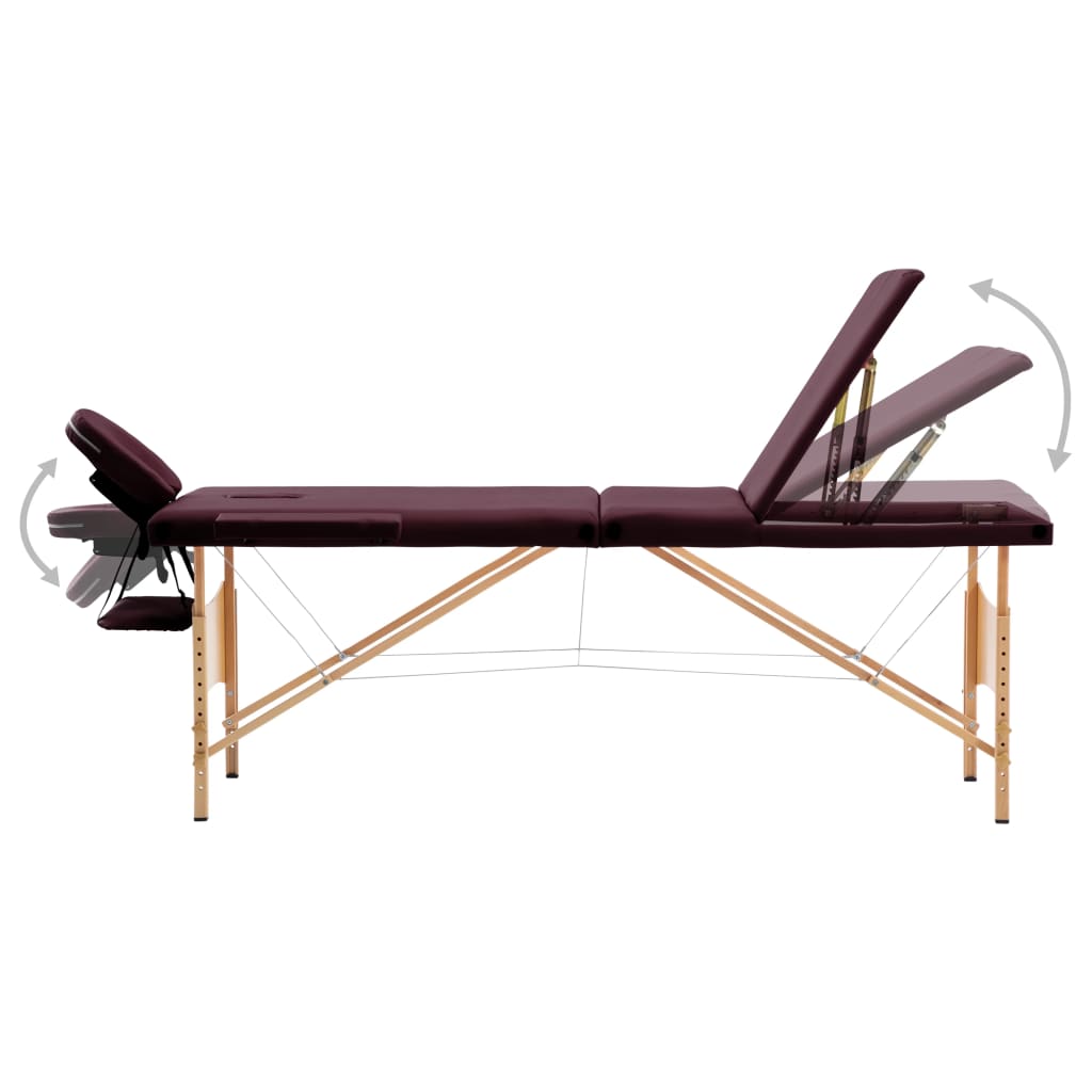 Vidaxl Massage table Collapsible 3 Zones Wood Wine Paars