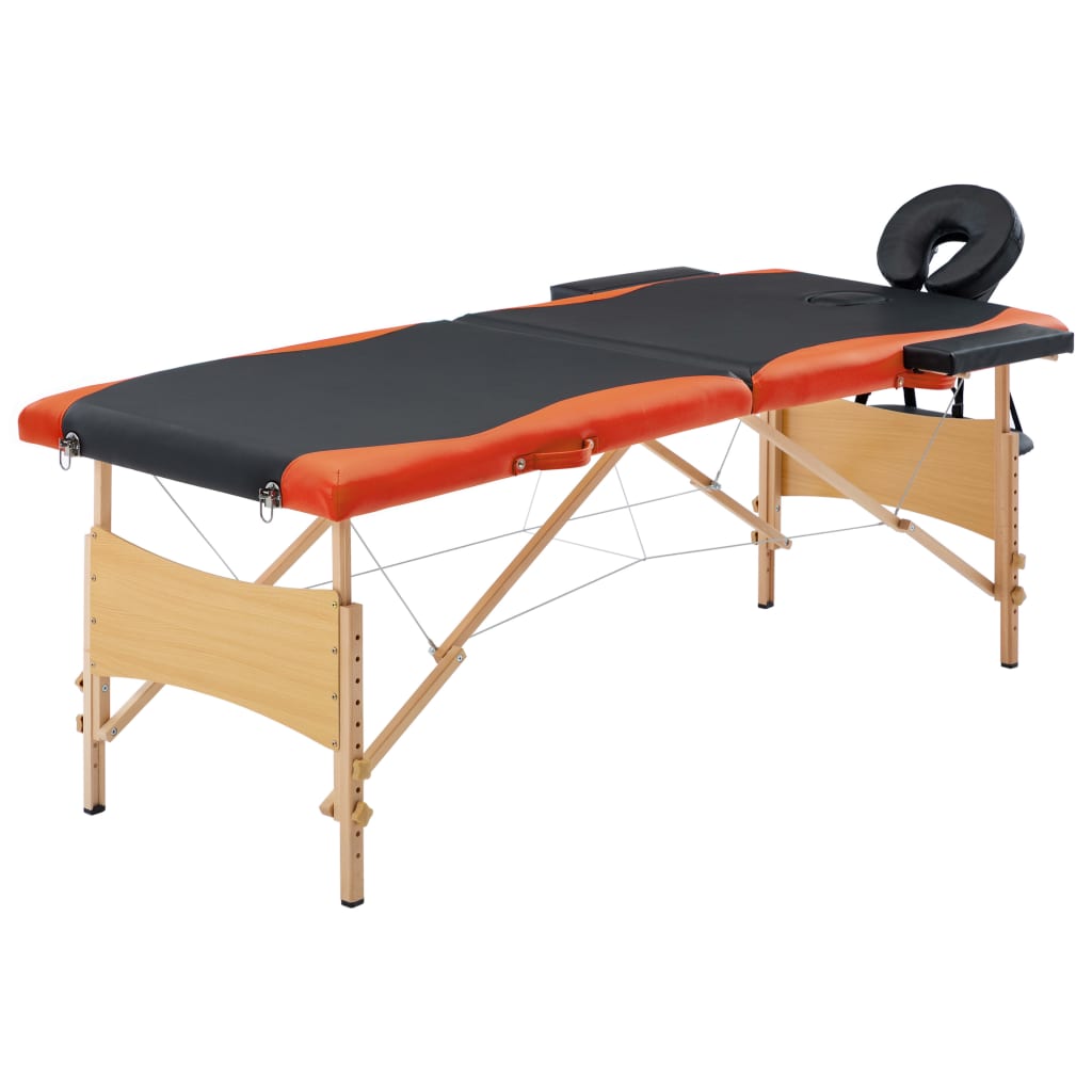 VidaXL Massage table Collapsible 2 zones wood black and orange