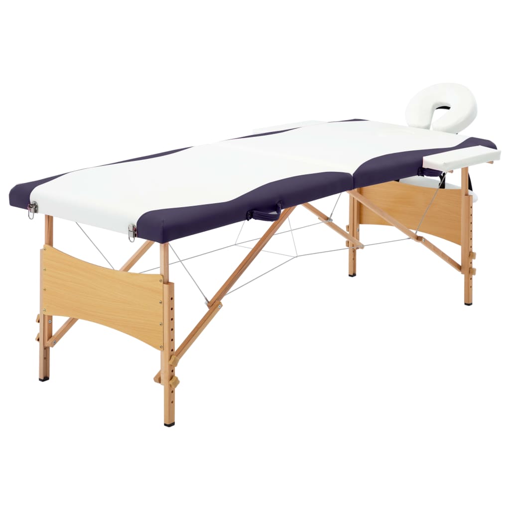 VidaXL Massage table Collapsible 2 Zones Wood White and Purple