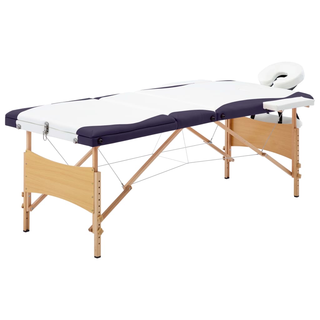 Vidaxl Massage Table Sammenfoldelig 3 zoner Træ hvid og lilla