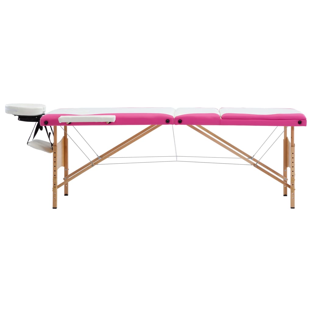 Vidaxl Mesa Massage Plegable 3 zonas Madera de madera blanca y rosa