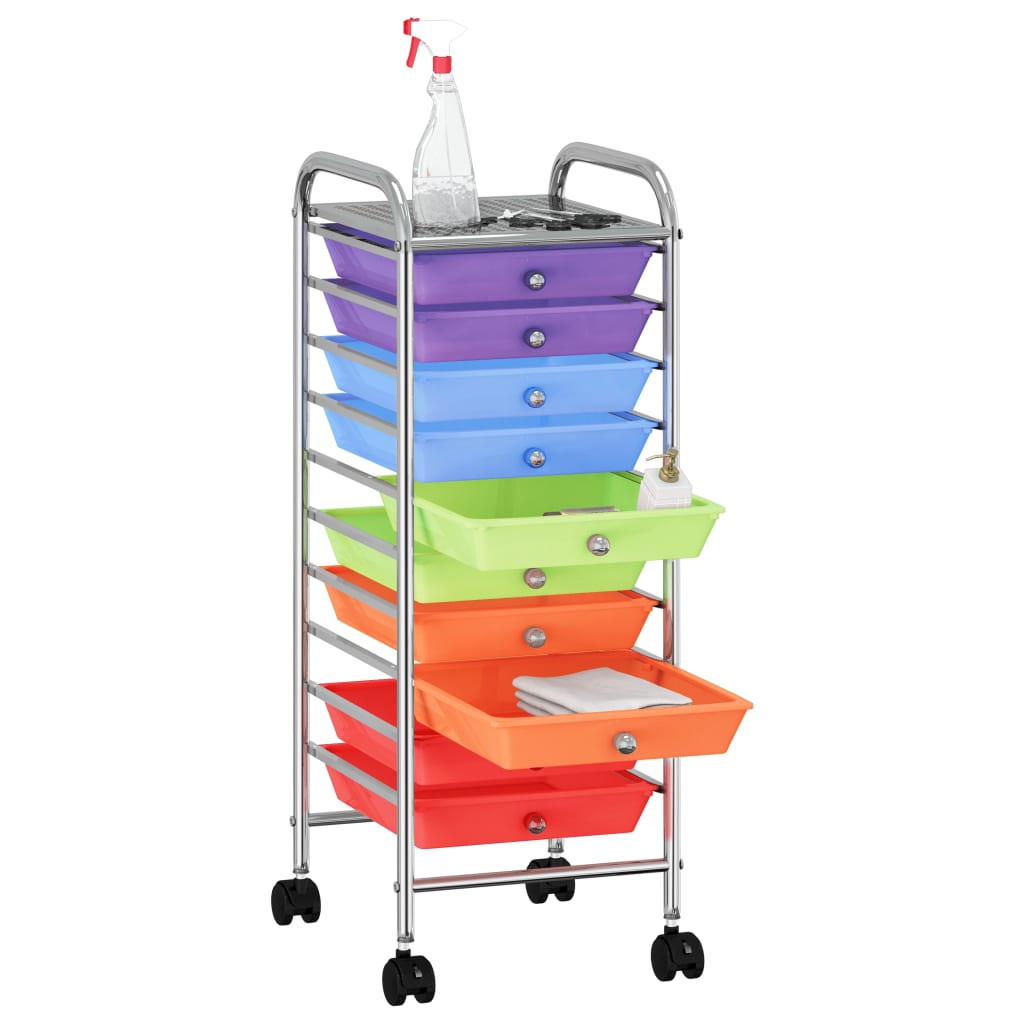 Vidaxl Storage Trolley med 10 skuffer Mobil plast Multi -farvet