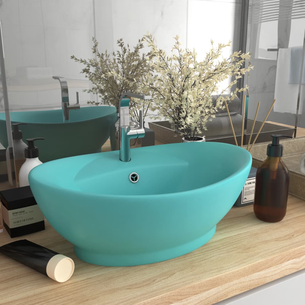 Vidaxl Washbasin med landing oval 58,5x39 cm keramisk Matt Light Green