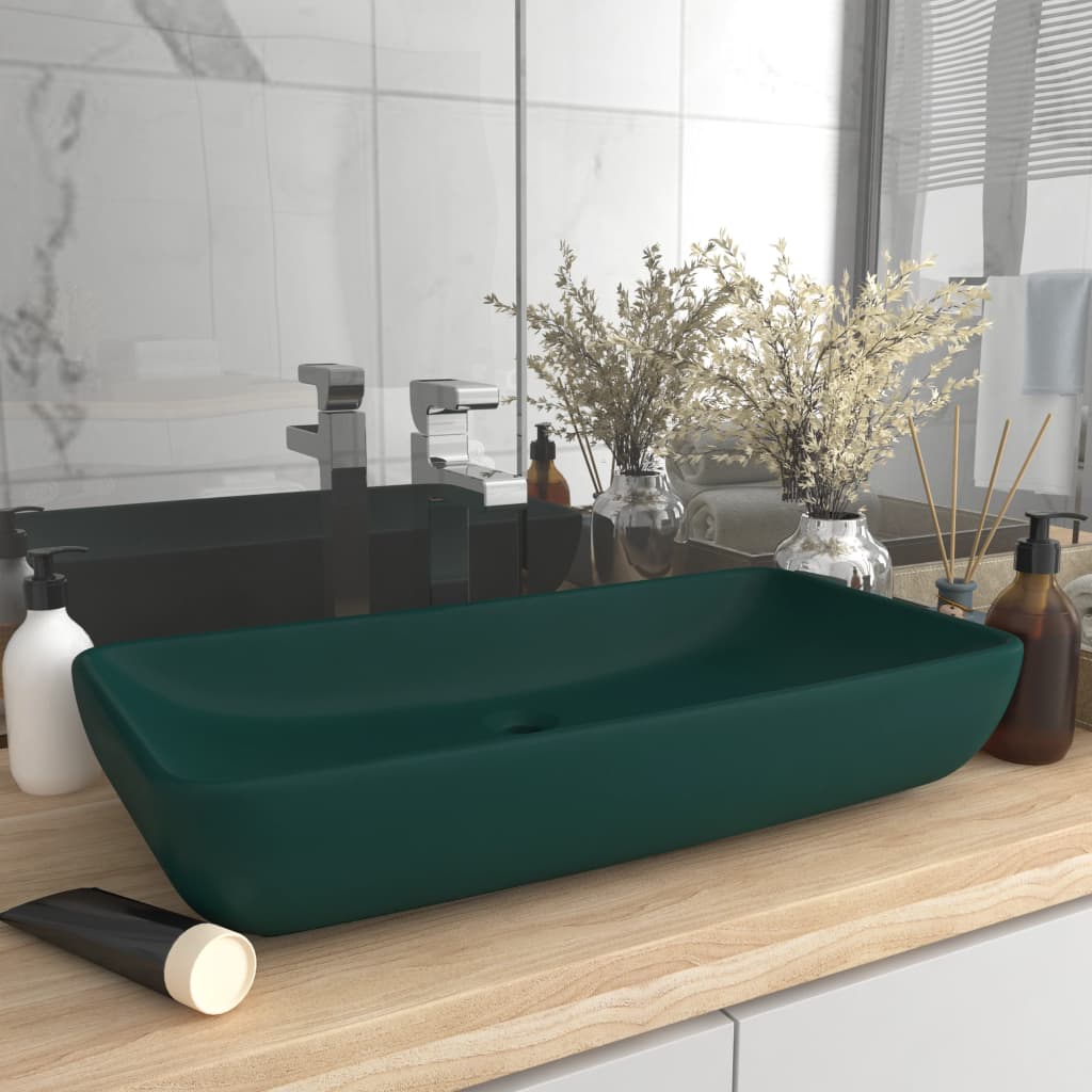 VidaXL Washbasin Rectangular 71x38 cm Ceramic Mat Dark Green