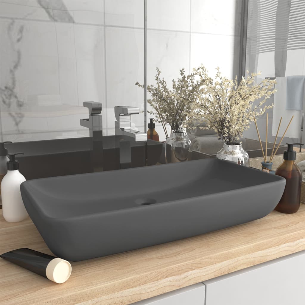 VidaXL Washbasin Rectangular 71x38 cm Ceramic Mat Dark gray