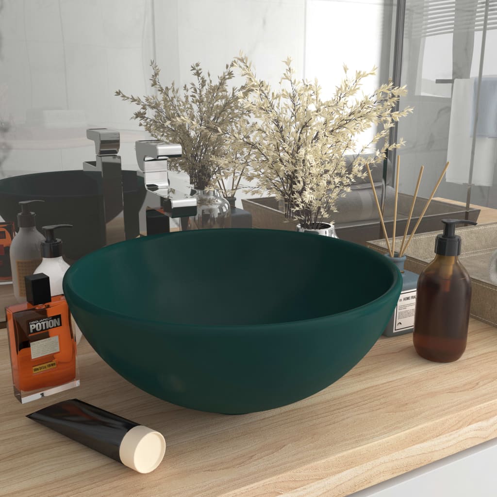 VidaXL Washbasin Round 32.5x14 cm Ceramic Mat Dark Green