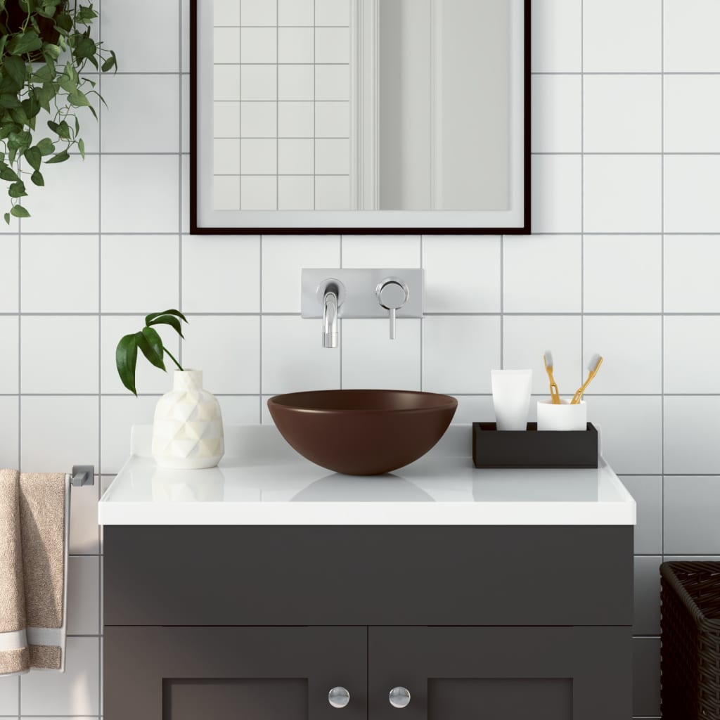 Vidaxl Washbasin rotondo in ceramica marrone scuro