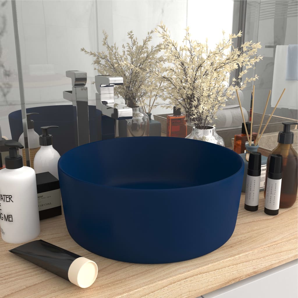 VidaXL Washbasin Round 40x15 cm Ceramic Mat Dark Blue