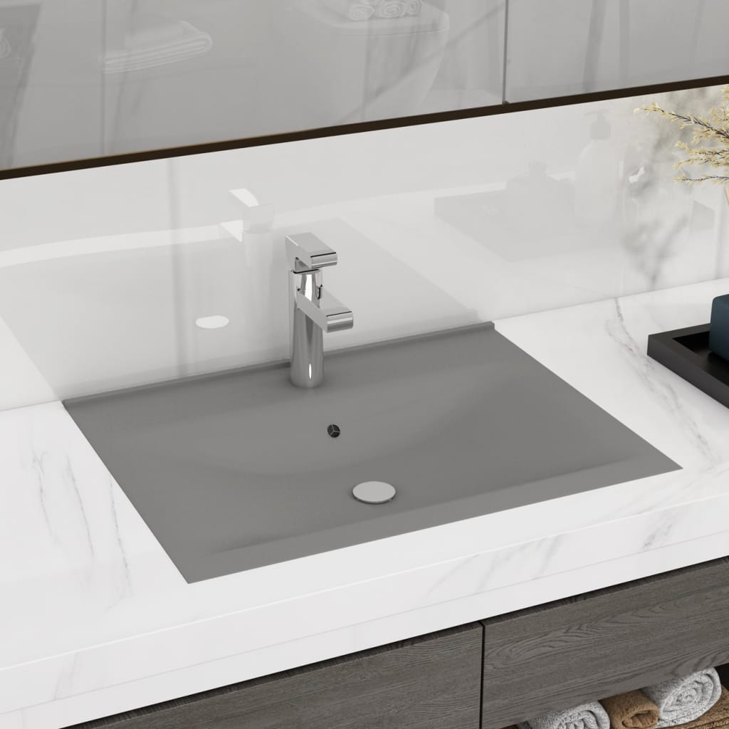 Vidaxl Washbasin z luknjo iz pipe 60x46 cm keramična matt svetlo siva