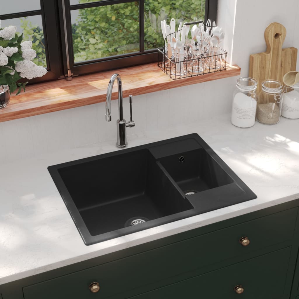 VIDAXL Sink Double Bins mit Überlauflochgranit schwarz