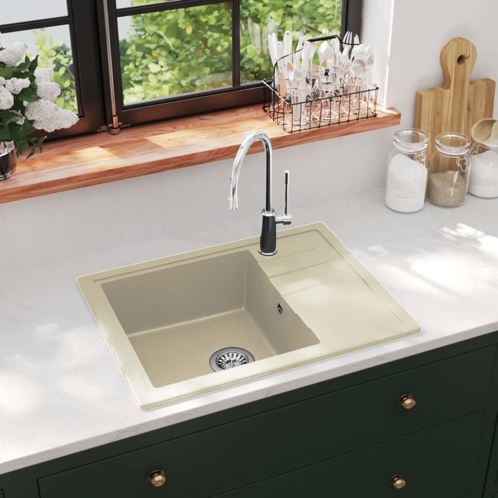 Vidaxl Sink med overløbshul oval granit beige