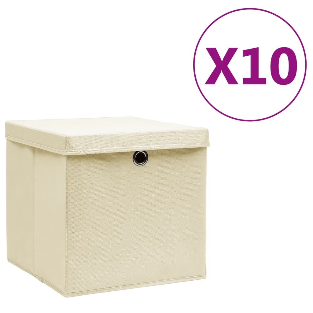 Vidaxl Späicherkëschten mat Liden 10 PCs 28x28x28 cm Crème-cmolored