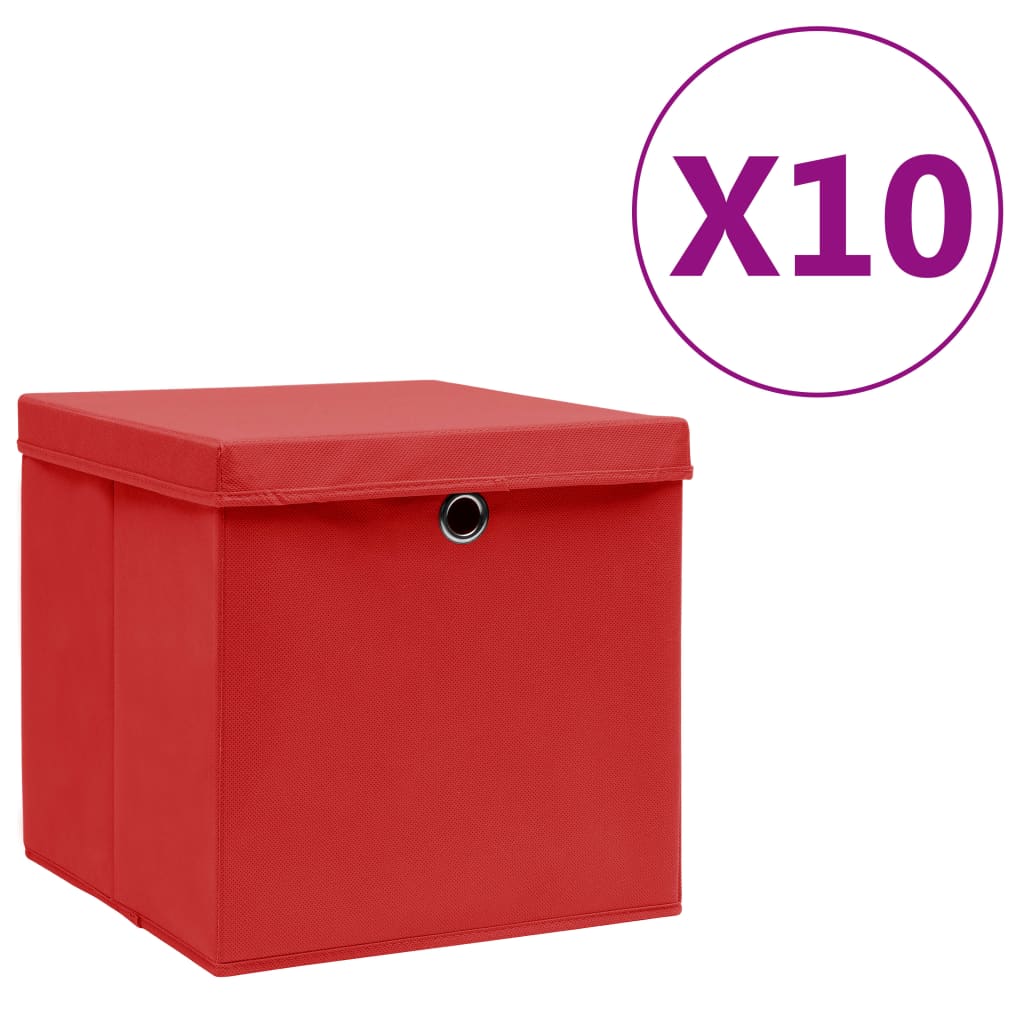 Boîtes de stockage Vidaxl avec couvercle 10 pcs 28x28x28 cm rouge